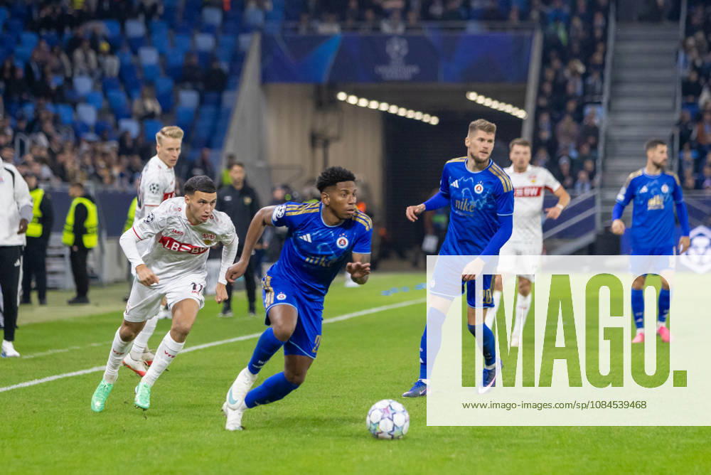 Bilal El Khannouss of VfB Stuttgart and Cesar Blackman of SK Slovan Bratislava seen during UEFA Champions league League phase game between teams of SK Slovan Bratislava and VfB Stuttgart (Dominika Kortvelyesiova Ball Raw Images) Bratislava Tehelne Pole stadium Slovakia