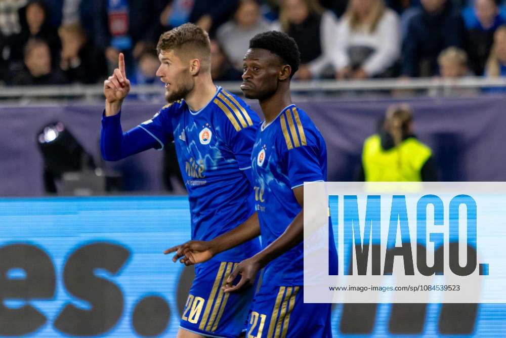 Alen Mustafic of SK Slovan Bratislava and Suleiman Camara of SK Slovan Bratislava seen during UEFA Champions league League phase game between teams of SK Slovan Bratislava and VfB Stuttgart (Dominika Kortvelyesiova Ball Raw Images) Bratislava Tehelne Pole stadium Slovakia