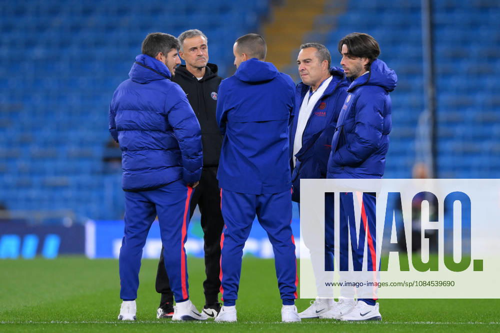 Paris Saint-Germain Manager Luis Enrique with his coaching staff during the UEFA Champions League 2026 27 League Phase MD2 match between Manchester City and Paris Saint-Germain at City of Manchester Stadium on October 14, 2026 in Manchester, England.