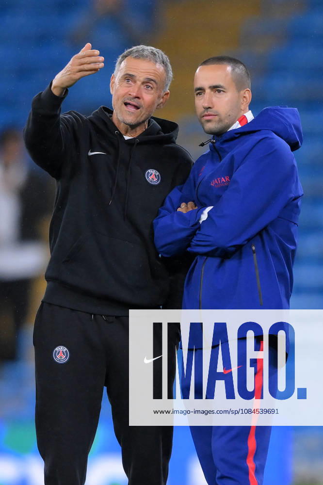Paris Saint-Germain Manager Luis Enrique with his coaching staff during the UEFA Champions League 2026 27 League Phase MD2 match between Manchester City and Paris Saint-Germain at City of Manchester Stadium on October 14, 2026 in Manchester, England.