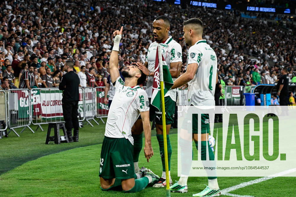 Jose Manuel Lopez of Palmeiras celebrates after scoring the team s first goal with teammates during the Copa CONMEBOL Libertadores 2026 match between Fluminense and Palmeiras at Maracana on October 14, 2026 in Rio de Janeiro, Brazil (Photo by Andre Ricardo Sports Press Photo SPP)