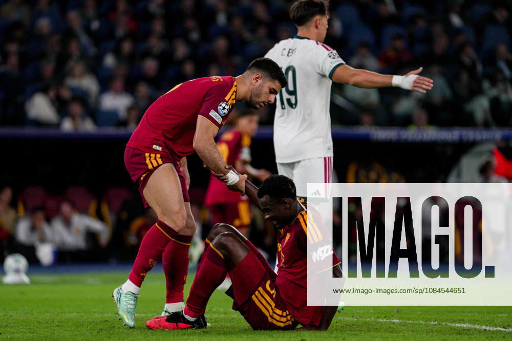 SOCCER - UEFA Champions League - AS Roma vs. Real Madrid Photo by IPA ABACAPRESS.COM89697104 - Konstantinos Koulierakis of AS Roma and Evan Ndicka of AS Roma during the AS Roma vs. Real Madrid UEFA Champions League soccer match in Rome, Italy, on October 14, 2026 Rome Italy