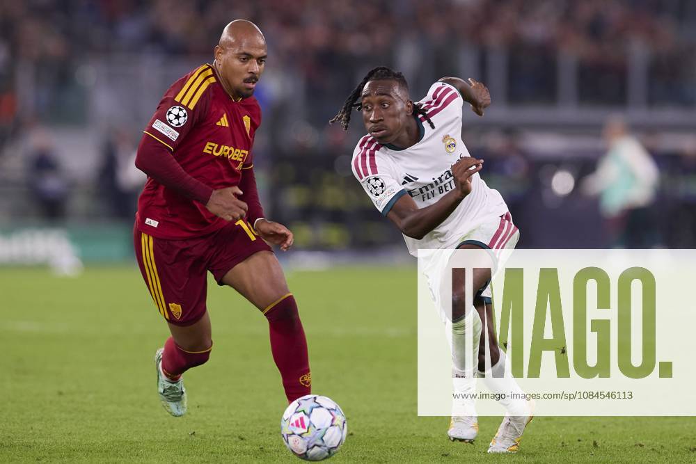 UEFA Champions League 2026 2027 - AS Roma vs Real Madrid CF in Rome, Italy - 14 Oct 2026 Donyell Malen (AS Roma) and Yan Diomande (Real Madrid CF) are seen in action during the UEFA Champions League 2026 2027 match between AS Roma and Real Madrid CF. Final score: AS Roma 3-4 Real Madrid CF. Rome Italy