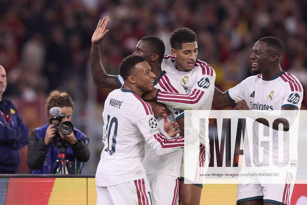UEFA Champions League 2026 2027 - AS Roma vs Real Madrid CF in Rome, Italy - 14 Oct 2026 (From L to R) Kylian Mbappe, Antonio Rudiger, Jude Bellingham and Ibrahima Konate (Real Madrid CF) celebrate a goal during the UEFA Champions League 2026 2027 match between AS Roma and Real Madrid CF. Final score: AS Roma 3-4 Real Madrid CF. Rome Italy