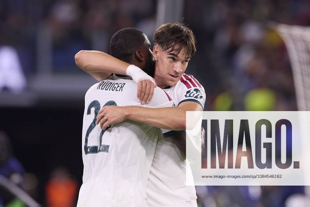 UEFA Champions League 2026 2027 - AS Roma vs Real Madrid CF in Rome, Italy - 14 Oct 2026 (From L to R) Antonio Rudiger and Carlos Espi (Real Madrid CF) celebrate a goal during the UEFA Champions League 2026 2027 match between AS Roma and Real Madrid CF. Final score: AS Roma 3-4 Real Madrid CF. Rome Italy