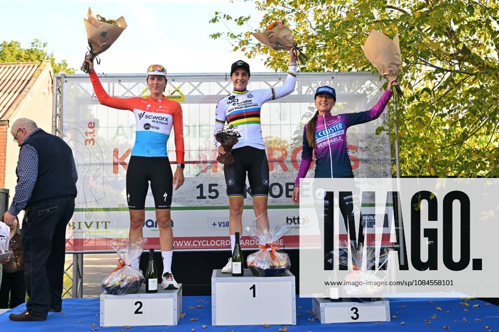 Luxembourg s Marie Schreiber; Netherlands Lucinda Brand and Netherlands Denise Betsema celebrate on the podium after the women elite race of the Kermiscross cyclocross cycling event, on Thursday 15 October 2026, in Ardooie. DAVIDxPINTENS x189892059x