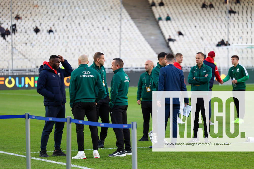 Panathinaikos F.C. v FK Borac Banja Luka UEFA Europa Conference League Match officials on the pitch before the start of the match between Panathinaikos F.C. and FK Borac Banja Luka during the UEFA Europa Conference League match at Olympic Stadium, Athens 15 10 2026 UK Newspapers OUT
