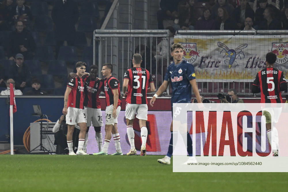 Team AC Milan celebrates their goal to make it 0:1 during the UEFA Europa League league phase matchday 2 match between FC Salzburg and AC Milan at Red Bull Arena on October 15, 2026 in Salzburg, Austria.