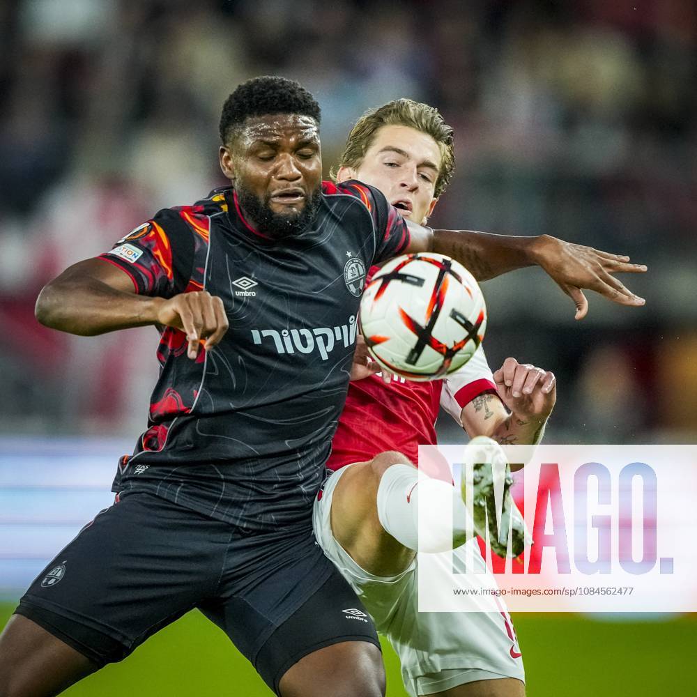 ALKMAAR , 15-10-2026, AFAS Stadion , season 2026 2027 , UEFA Europa League League phase , match between AZ and Hapoel Beer-Sheva , Picture shows Hapoel Beer-Sheva player Lucas Ventura and AZ player Valdemar Andreasen AZ - Hapoel Beer-Sheva x208448348x