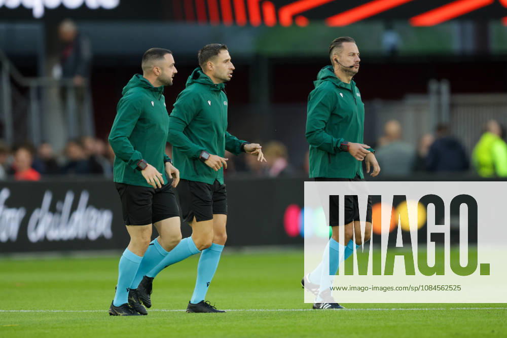 15th October 2026; AFAS Stadion, Alkmaar, Netherlands; UEFA Europa League Football, AZ Alkmaar versus Hapoel Beer Sheva; Radoslav Gidzhenov (main referee), Miroslav Maksimov (assistant) and Petar Mitrev (second assistant) warm up AnthonyxBenoit