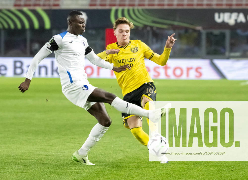 HELSINGBORG 2026-10-15 Inter Club dEscaldes Sol Sidibe and Mjällby AIFs Jeppe Kjaer in the UEFA Conference League match between Mjällby AIF and Inter Club dEscaldes at Olympia in Helsingborg on Thursday, October 15, 2026. HELSINGBORG SWEDEN