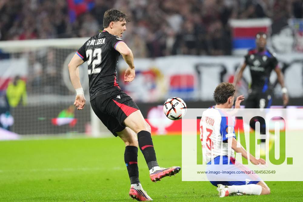 Jorgen Strand Larsen of Crystal Palace challenges Tyler Morton of Lyon Lyon v Crystal Palace, UEFA Europa League, Football, Groupama Stadium, Lyon, France - 15 Oct 2026Lyon Groupama Stadium France