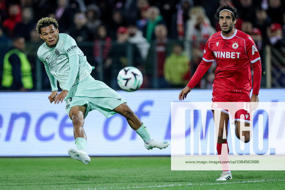 Football - UEFA Conference League - Round 1 - PFC CSKA Sofia - AS Monaco - 15.10.2026 Pape Cabral, 19 of AS Monaco FC and Adrian Lapena, 4 of PFC CSKA Sofia during UEFA Conference League - Round 1 match between PFC CSKA Sofia and AS Monaco at Vasil Levski Stadium in Sofia, Bulgaria, on October 15th, 2026 in Sofia, Bulgaria. Bulgaria