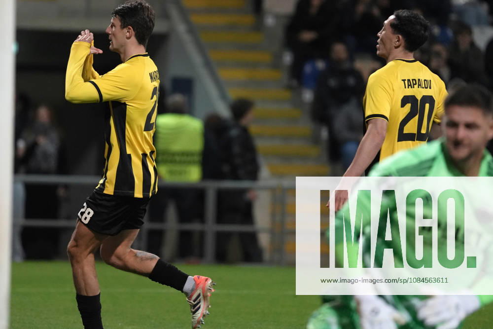 Marc Gual of Kairat scelebrates after scoring from the penalty spot during a UEFA Conference League soccer match between Latvias Riga FC and Kazakhstans Kairat Almaty at Skonto Stadium in Riga, Latvia, Thursday, Oct. 15, 2026. Riga Latvia