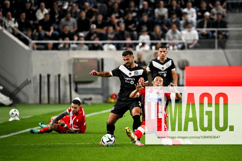 Albian Ajeti of FC Lugano against Yuta Nakayama of FK Crvena Zvezda during the UEFA Conference League 2026 27 League Phase MD1 match between FC Lugano and FK Crvena Zvezda at Lugano Arena on October 15, 2026 in Lugano, Switzerland. Lugano Lugano Arena Ticino Switzerland