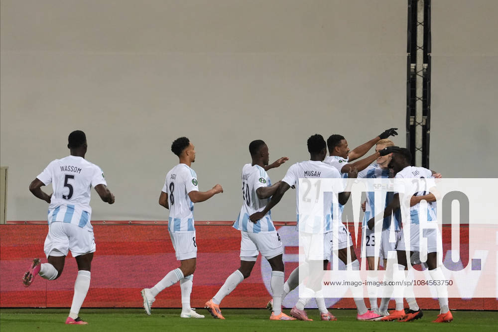 Rīga FC players celebrate their first goal during a UEFA Conference League soccer match between Latvias Riga FC and Kazakhstans Kairat Almaty at Skonto Stadium in Riga, Latvia, Thursday, Oct. 15, 2026. Riga Latvia