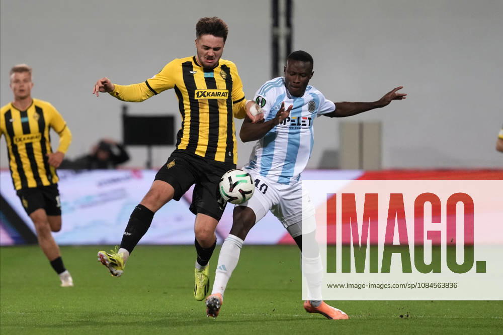 Ahmed Ankrah of Riga FC and Oiva Jukkola of Kairat compete for the ball during a UEFA Conference League soccer match between Latvias Riga FC and Kazakhstans Kairat Almaty at Skonto Stadium in Riga, Latvia, Thursday, Oct. 15, 2026. Riga Latvia