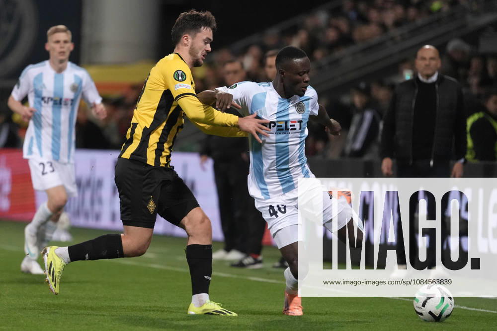 Ahmed Ankrah of Riga FC and Oiva Jukkola of Kairat compete for the ball during a UEFA Conference League soccer match between Latvias Riga FC and Kazakhstans Kairat Almaty at Skonto Stadium in Riga, Latvia, Thursday, Oct. 15, 2026. Riga Latvia