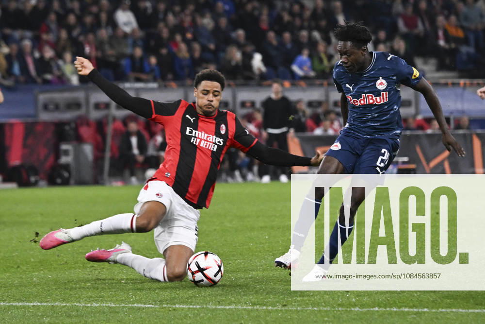 Koni De Winter of AC Milan and Edmund Baidoo of Salzburg compete for the ball during the UEFA Europa League league phase matchday 2 match between FC Salzburg and AC Milan at Red Bull Arena on October 15, 2026 in Salzburg, Austria.