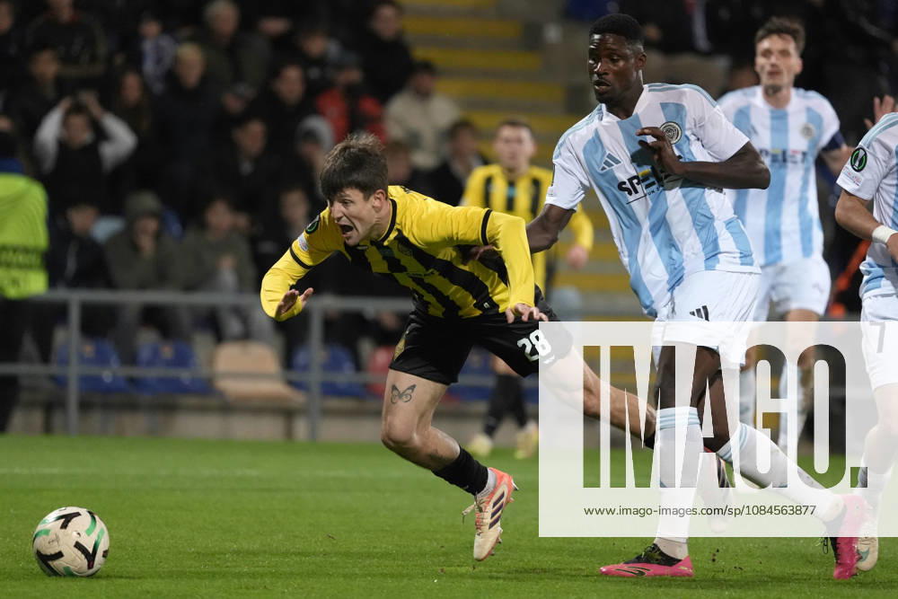 Coli Saco of Riga FC and Marc Gual of Kairat compete for the ball during a UEFA Conference League soccer match between Latvias Riga FC and Kazakhstans Kairat Almaty at Skonto Stadium in Riga, Latvia, Thursday, Oct. 15, 2026. Riga Latvia