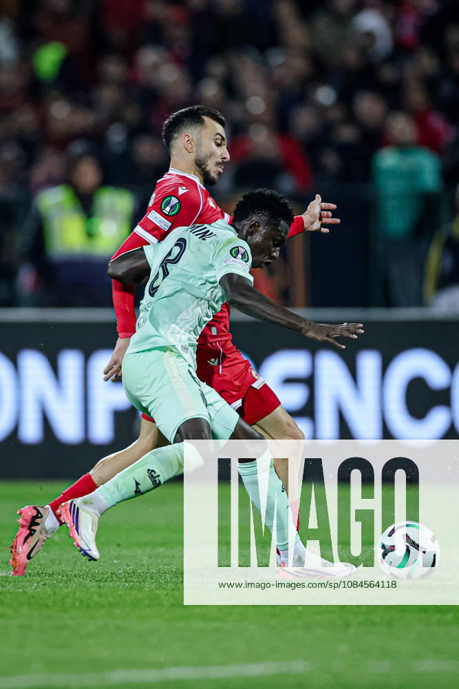 Football - UEFA Conference League - Round 1 - PFC CSKA Sofia - AS Monaco - 15.10.2026 Lamine Camara, 8 of AS Monaco FC and Ioannis Pittas, 28 of PFC CSKA Sofia during UEFA Conference League - Round 1 match between PFC CSKA Sofia and AS Monaco at Vasil Levski Stadium in Sofia, Bulgaria, on October 15th, 2026 in Sofia, Bulgaria. Bulgaria