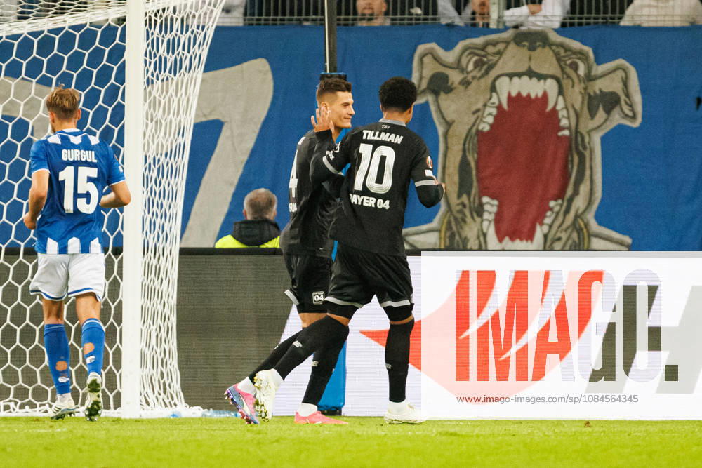 Patrik Schick and players of Bayer 04 Leverkusen seen celebrating after goal during UEFA Europe League 2026 2027 league phase game between teams of Lech Poznan and Bayer Leverkusen (Ernest Kolodziej Ball Raw Images) Poznan ENEA Stadion Poland