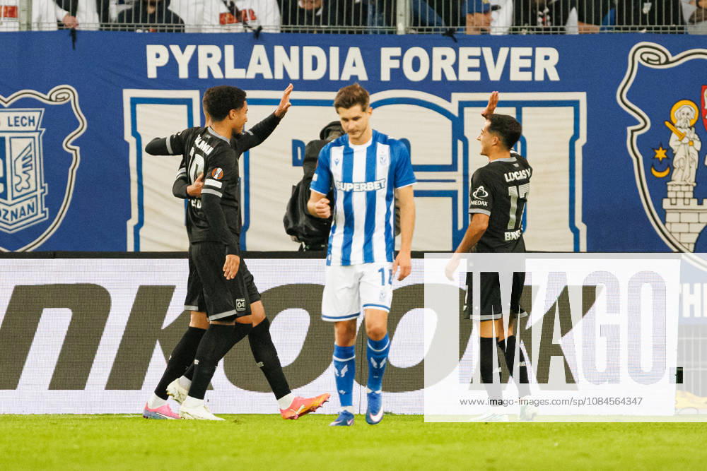 Patrik Schick and players of Bayer 04 Leverkusen seen celebrating after goal during UEFA Europe League 2026 2027 league phase game between teams of Lech Poznan and Bayer Leverkusen (Ernest Kolodziej Ball Raw Images) Poznan ENEA Stadion Poland