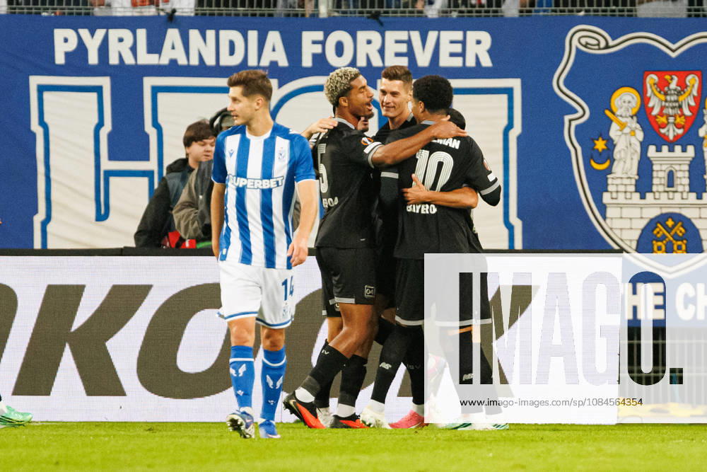 Patrik Schick and players of Bayer 04 Leverkusen seen celebrating after goal during UEFA Europe League 2026 2027 league phase game between teams of Lech Poznan and Bayer Leverkusen (Ernest Kolodziej Ball Raw Images) Poznan ENEA Stadion Poland