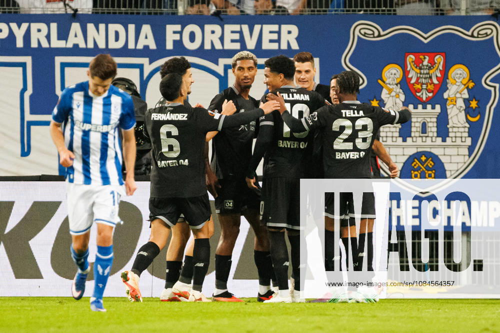 Patrik Schick and players of Bayer 04 Leverkusen seen celebrating after goal during UEFA Europe League 2026 2027 league phase game between teams of Lech Poznan and Bayer Leverkusen (Ernest Kolodziej Ball Raw Images) Poznan ENEA Stadion Poland