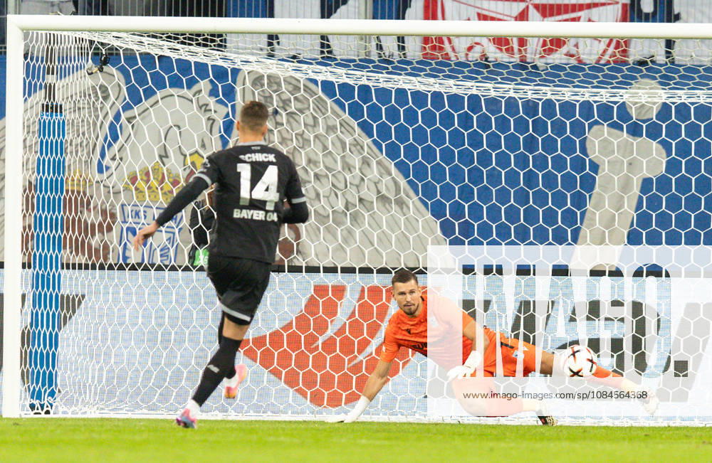 Europa League: Lech Poznan vs Bayer 04 Leverkusen Patrik Schick, Mateusz Lis, penalty kick during Europa League: Lech Poznan vs Bayer 04 Leverkusen match in Poznan, Poland, on October 15, 2026 Poznan Poland