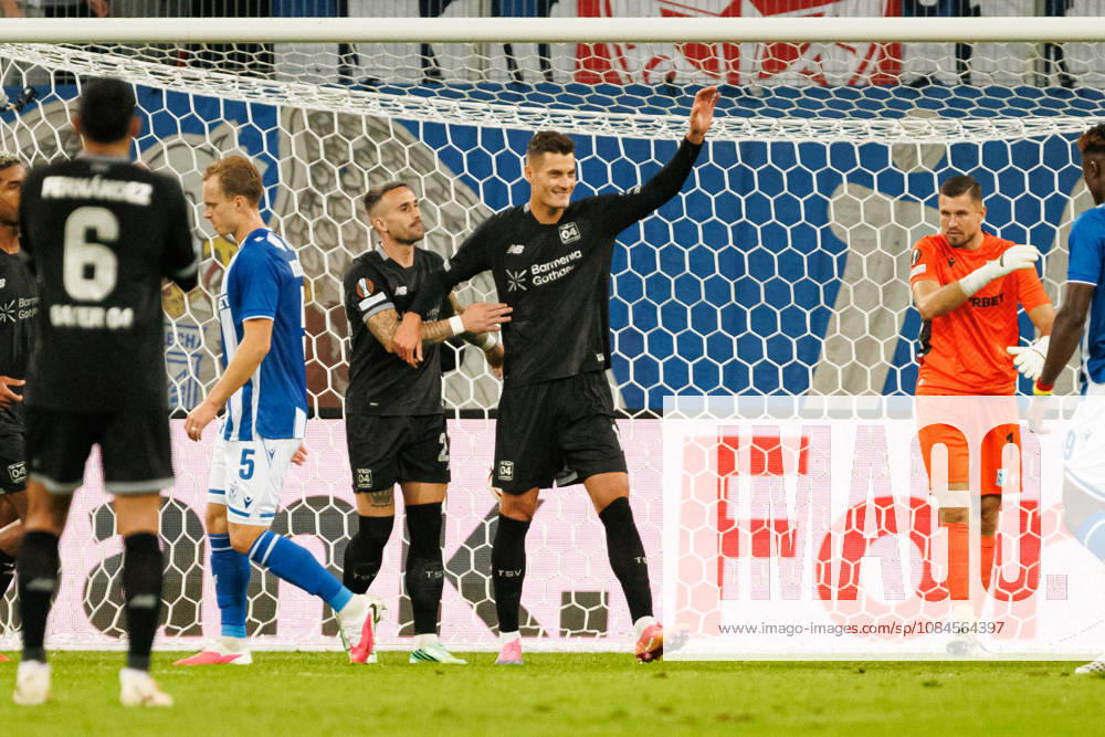 Patrik Schick and players of Bayer 04 Leverkusen seen celebrating after goal during UEFA Europe League 2026 2027 league phase game between teams of Lech Poznan and Bayer Leverkusen (Ernest Kolodziej Ball Raw Images) Poznan ENEA Stadion Poland