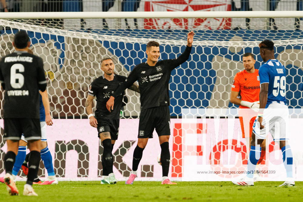 Patrik Schick and players of Bayer 04 Leverkusen seen celebrating after goal during UEFA Europe League 2026 2027 league phase game between teams of Lech Poznan and Bayer Leverkusen (Ernest Kolodziej Ball Raw Images) Poznan ENEA Stadion Poland