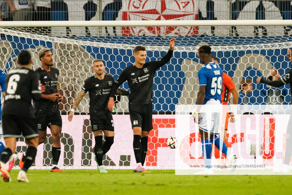 Patrik Schick and players of Bayer 04 Leverkusen seen celebrating after goal during UEFA Europe League 2026 2027 league phase game between teams of Lech Poznan and Bayer Leverkusen (Ernest Kolodziej Ball Raw Images) Poznan ENEA Stadion Poland