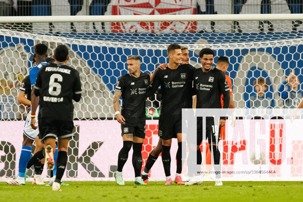 Patrik Schick and players of Bayer 04 Leverkusen seen celebrating after goal during UEFA Europe League 2026 2027 league phase game between teams of Lech Poznan and Bayer Leverkusen (Ernest Kolodziej Ball Raw Images) Poznan ENEA Stadion Poland