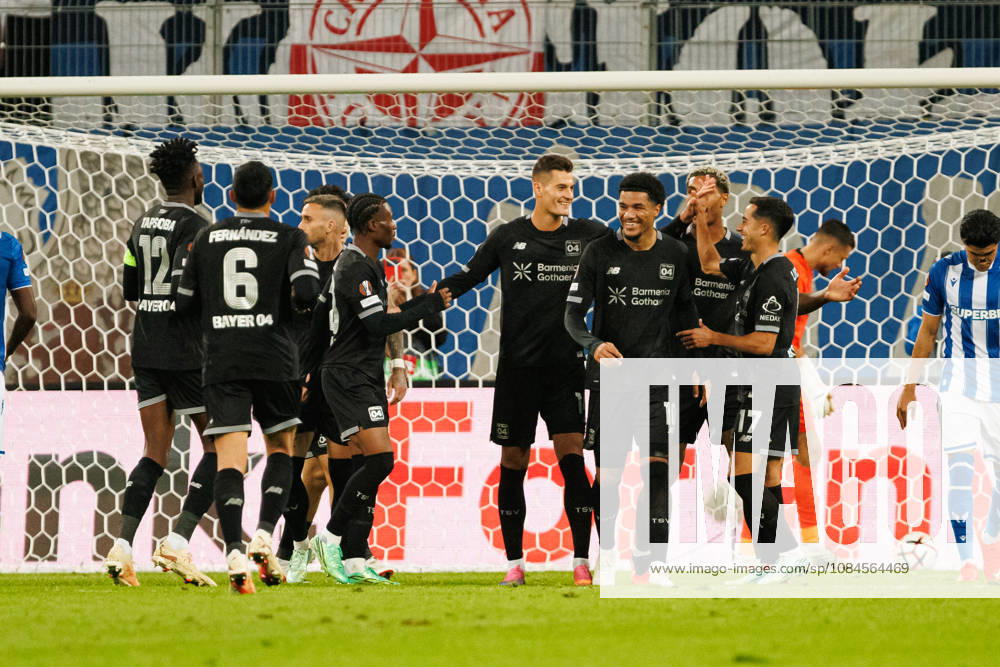 Patrik Schick and players of Bayer 04 Leverkusen seen celebrating after goal during UEFA Europe League 2026 2027 league phase game between teams of Lech Poznan and Bayer Leverkusen (Ernest Kolodziej Ball Raw Images) Poznan ENEA Stadion Poland