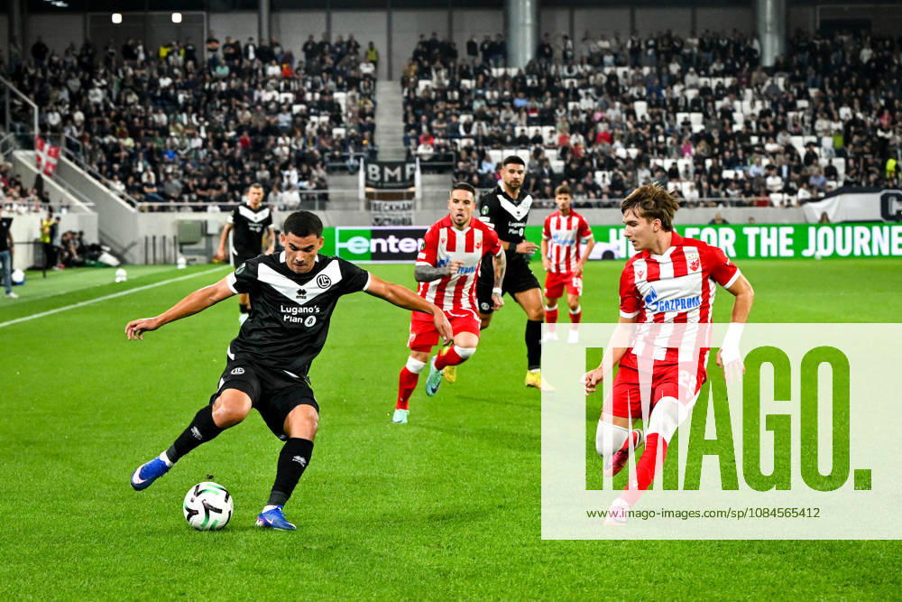 Bekhruz Karimov of FC Lugano in action against Vasilije Kostov of FK Crvena Zvezda during the UEFA Conference League 2026 27 League Phase MD1 match between FC Lugano and FK Crvena Zvezda at Lugano Arena on October 15, 2026 in Lugano, Switzerland. Lugano Lugano Arena Ticino Switzerland