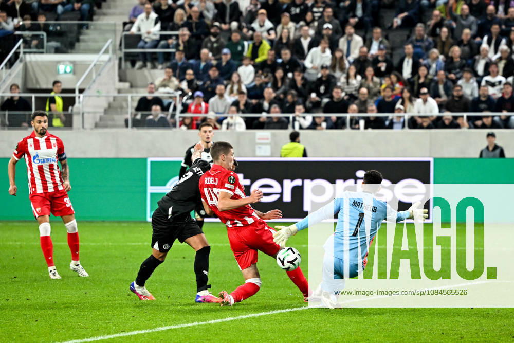 Albian Ajeti of FC Lugano scores a goal against goalkeeper Matheus Magalhaes of FK Crvena Zvezda during the UEFA Conference League 2026 27 League Phase MD1 match between FC Lugano and FK Crvena Zvezda at Lugano Arena on October 15, 2026 in Lugano, Switzerland. Lugano Lugano Arena Ticino Switzerland