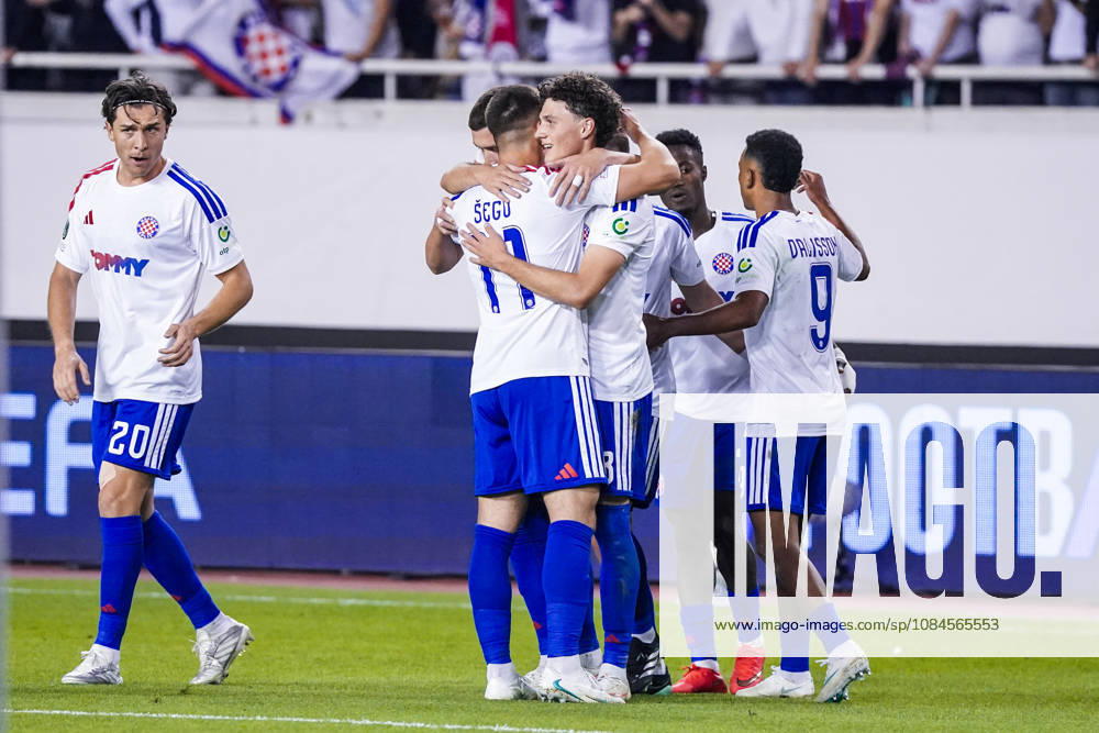 Fussball: Kroatien: UEFA Conference League 2026 2027 - 1. Runde, 15.10.2026 - HNK Hajduk Split vs. AFC Ajax Amsterdam - Stadion Poljud (Split, Kroatien); Hajduk Split bejubelt das Tor zum 2-1 durch Marin Soticek (Hajduk Split)