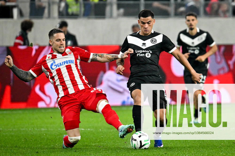 Mihailo Ristic of FK Crvena Zvezda and Bekhruz Karimov of FC Lugano battle for the ball during the UEFA Conference League 2026 27 League Phase MD1 match between FC Lugano and FK Crvena Zvezda at Lugano Arena on October 15, 2026 in Lugano, Switzerland. Lugano Lugano Arena Ticino Switzerland
