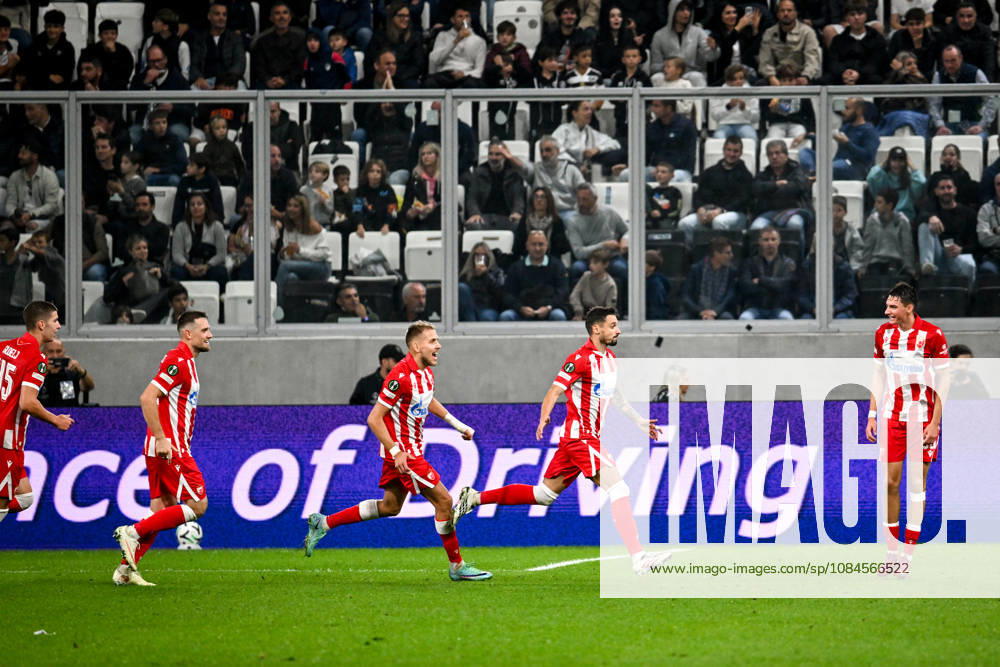 Rade Krunic of FK Crvena Zvezda R) celebrates his goal during the UEFA Conference League 2026 27 League Phase MD1 match between FC Lugano and FK Crvena Zvezda at Lugano Arena on October 15, 2026 in Lugano, Switzerland. Lugano Lugano Arena Ticino Switzerland