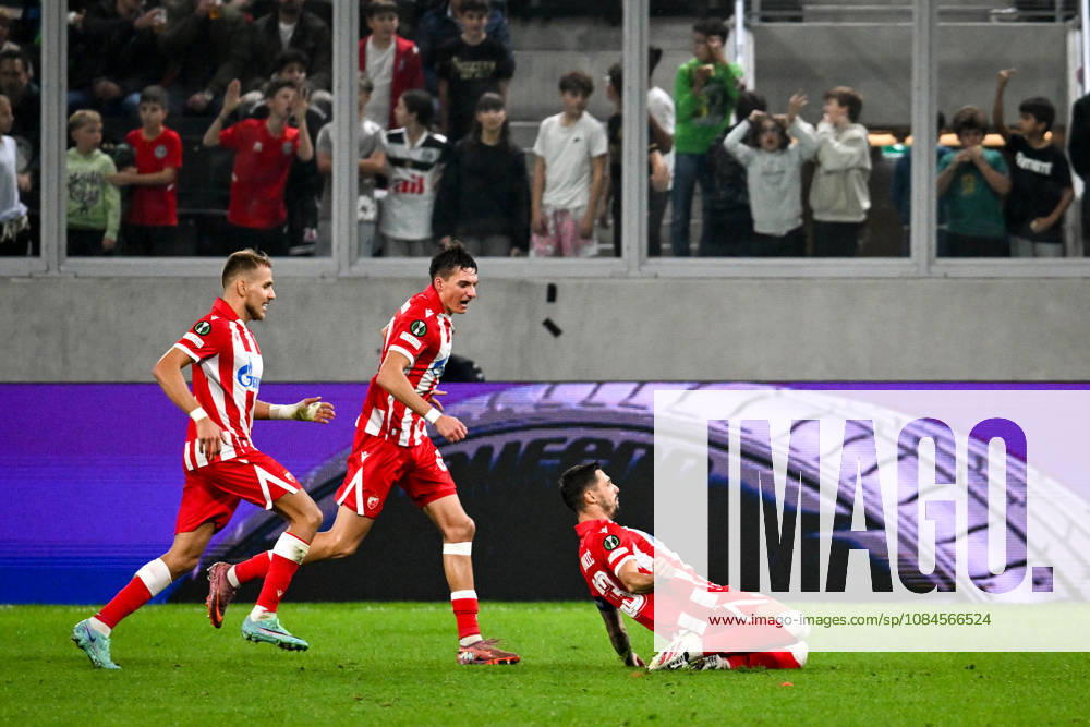 Rade Krunic of FK Crvena Zvezda R) celebrates his goal during the UEFA Conference League 2026 27 League Phase MD1 match between FC Lugano and FK Crvena Zvezda at Lugano Arena on October 15, 2026 in Lugano, Switzerland. Lugano Lugano Arena Ticino Switzerland