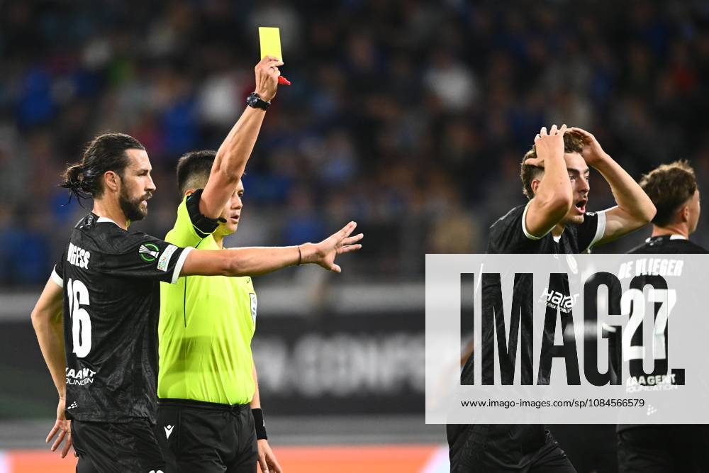 KAA Gent v AGF Aarhus - UEFA Conference League GENT, BELGIUM - OCTOBER 15 : Delorge Mathias midfielder of KAA Gent receives a yellow card from referee during the UEFA Conference League 2026 27 League Phase matchday 1 match between KAA Gent and AGF Aarhus on October 15, 2026 in Gent, Belgium, 15 10 2026 Gent Belgium