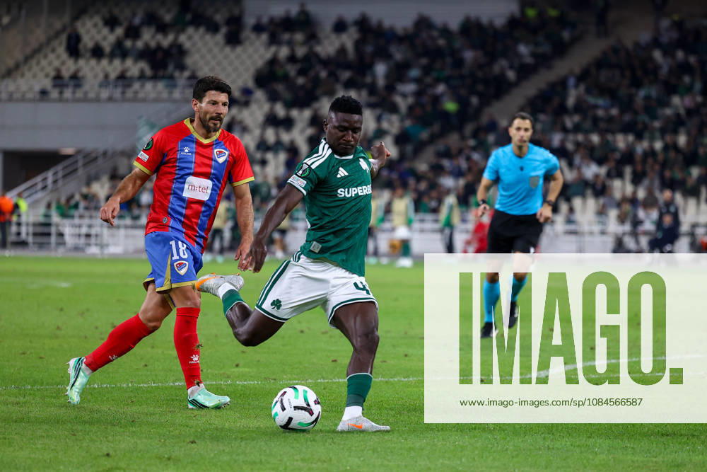 Panathinaikos F.C. v FK Borac Banja Luka UEFA Europa Conference League Kings Kangwa of Panathinaikos F.C. and Milos Jojic of FK Borac Banja Luka during the UEFA Europa Conference League match at Olympic Stadium, Athens 15 10 2026 UK Newspapers OUT