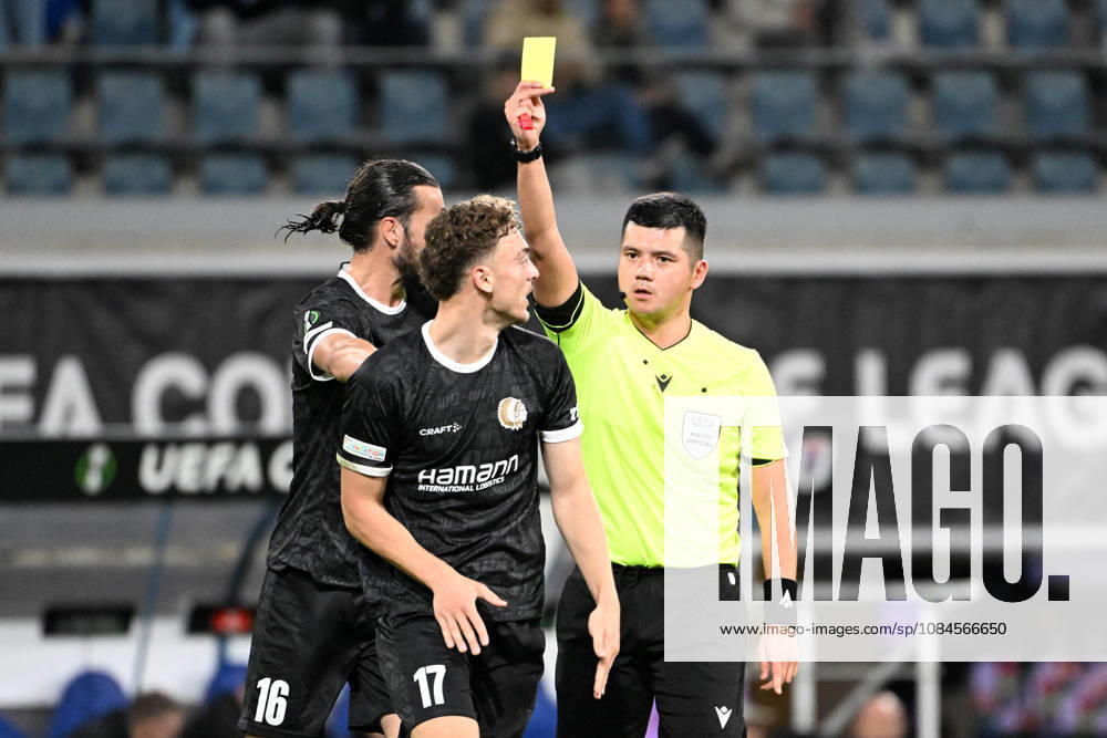 AA Gent vs Aarhus Mathias Delorge of KAA Gent receives a yellow card from referee Bulat Sariyev during Matchday 2 in the 2026-2027 Uefa Conference League season - league phase between AA Gent and AGF Aarhus on October 15 , 2026 in Gent, Belgium. (Photo by Maarten Straetemans Isosport) Gent Belgium