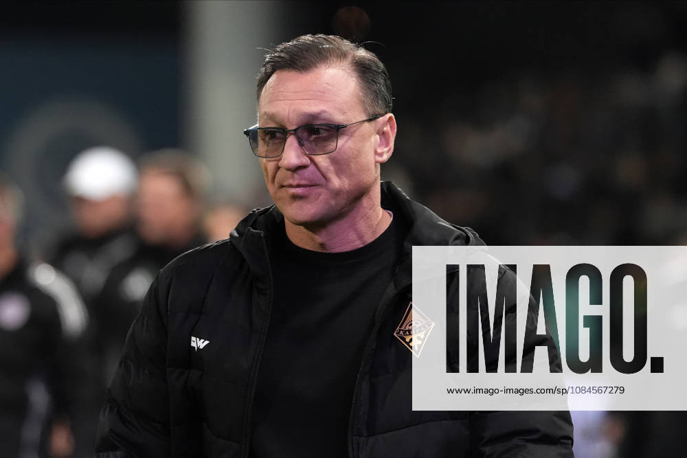 Head coach of Kairat Almaty Rafael Urazbakhtin reacts during a UEFA Conference League soccer match between Latvias Riga FC and Kazakhstans Kairat Almaty at Skonto Stadium in Riga, Latvia, Thursday, Oct. 15, 2026. Riga Latvia