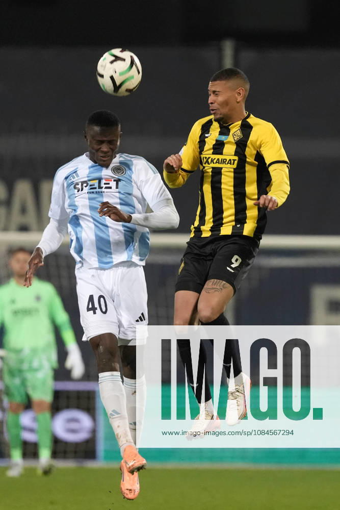Ahmed Ankrah of Riga FC and Edmilson of Kairat compete for the ball during a UEFA Conference League soccer match between Latvias Riga FC and Kazakhstans Kairat Almaty at Skonto Stadium in Riga, Latvia, Thursday, Oct. 15, 2026. Riga Latvia