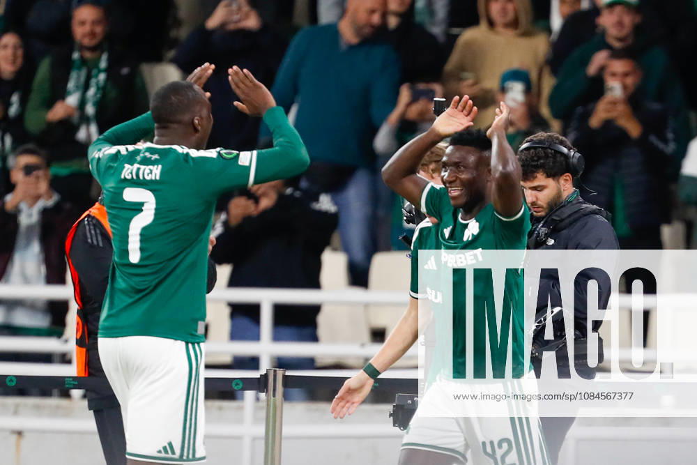 Panathinaikos F.C. v FK Borac Banja Luka UEFA Europa Conference League Kings Kangwa of Panathinaikos F.C. celebrates after scoring a goal with Andreas Tetteh during the UEFA Europa Conference League match at Olympic Stadium, Athens 15 10 2026 UK Newspapers OUT