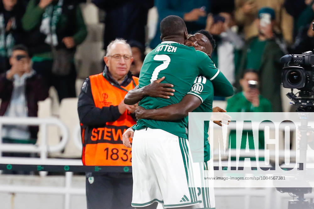 Panathinaikos F.C. v FK Borac Banja Luka UEFA Europa Conference League Kings Kangwa of Panathinaikos F.C. celebrates after scoring a goal with Andreas Tetteh during the UEFA Europa Conference League match at Olympic Stadium, Athens 15 10 2026 UK Newspapers OUT