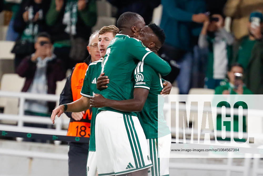 Panathinaikos F.C. v FK Borac Banja Luka UEFA Europa Conference League Kings Kangwa of Panathinaikos F.C. celebrates after scoring a goal with Andreas Tetteh during the UEFA Europa Conference League match at Olympic Stadium, Athens 15 10 2026 UK Newspapers OUT