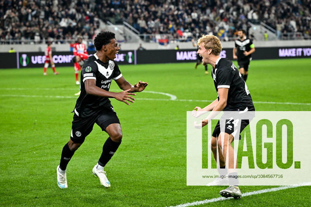 Dereck Moncada of FC Lugano L) celebrates his goal with Erik Elias Pihlstrom of FC Lugano R) during the UEFA Conference League 2026 27 League Phase MD1 match between FC Lugano and FK Crvena Zvezda at Lugano Arena on October 15, 2026 in Lugano, Switzerland. Lugano Lugano Arena Ticino Switzerland